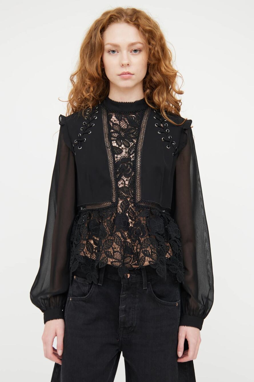 Self-Portrait Floral Guipure Blouse Black Lace Up Long Sleeve Women's 2